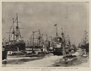 Una visita a la flota en Spithead, barcos de excursión pasando entre las líneas